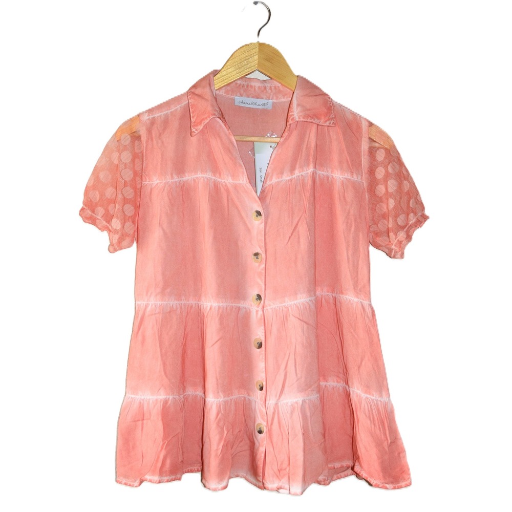 Keren Hart Tiered Blouse Women Small Peach NEW Mesh Polka Dot Short Sleeve, Boho